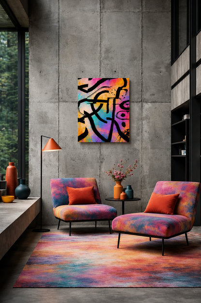 Color Frequency abstract canvas wall art displayed in a modern lounge with colorful accent chairs and concrete walls.