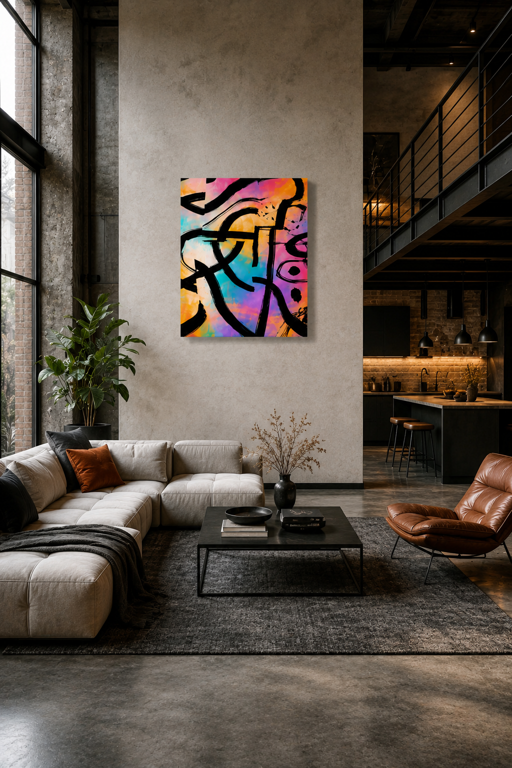 Color Frequency abstract canvas wall art displayed in a modern industrial loft living room with concrete walls and leather furniture.