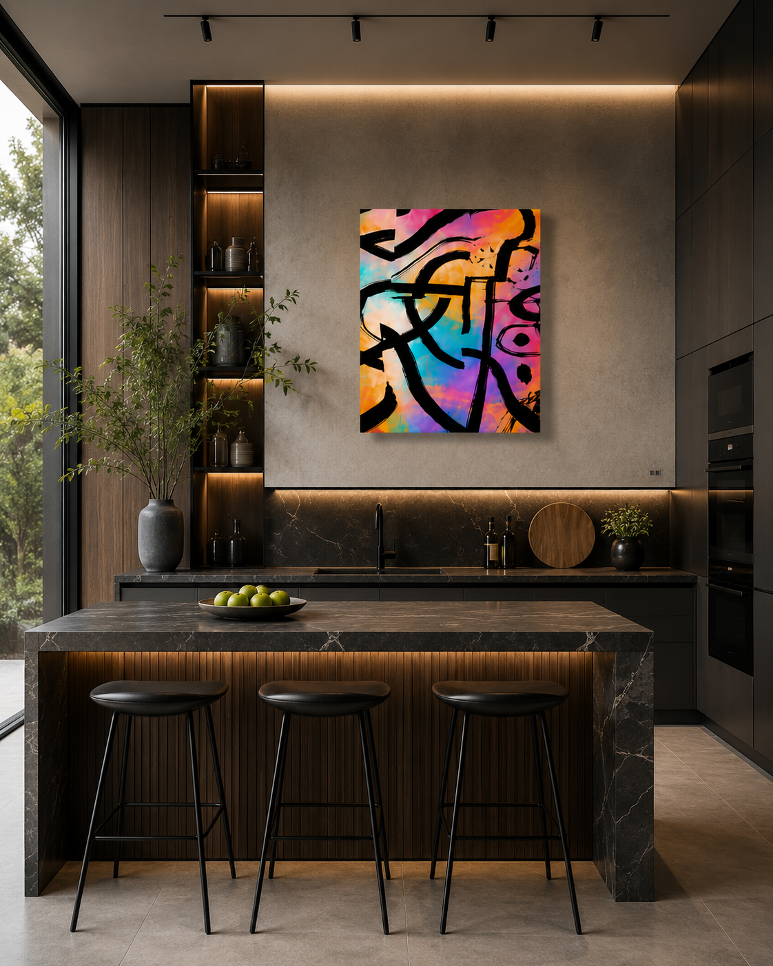 Color Frequency abstract canvas wall art displayed in a modern luxury kitchen with dark cabinets and marble island.