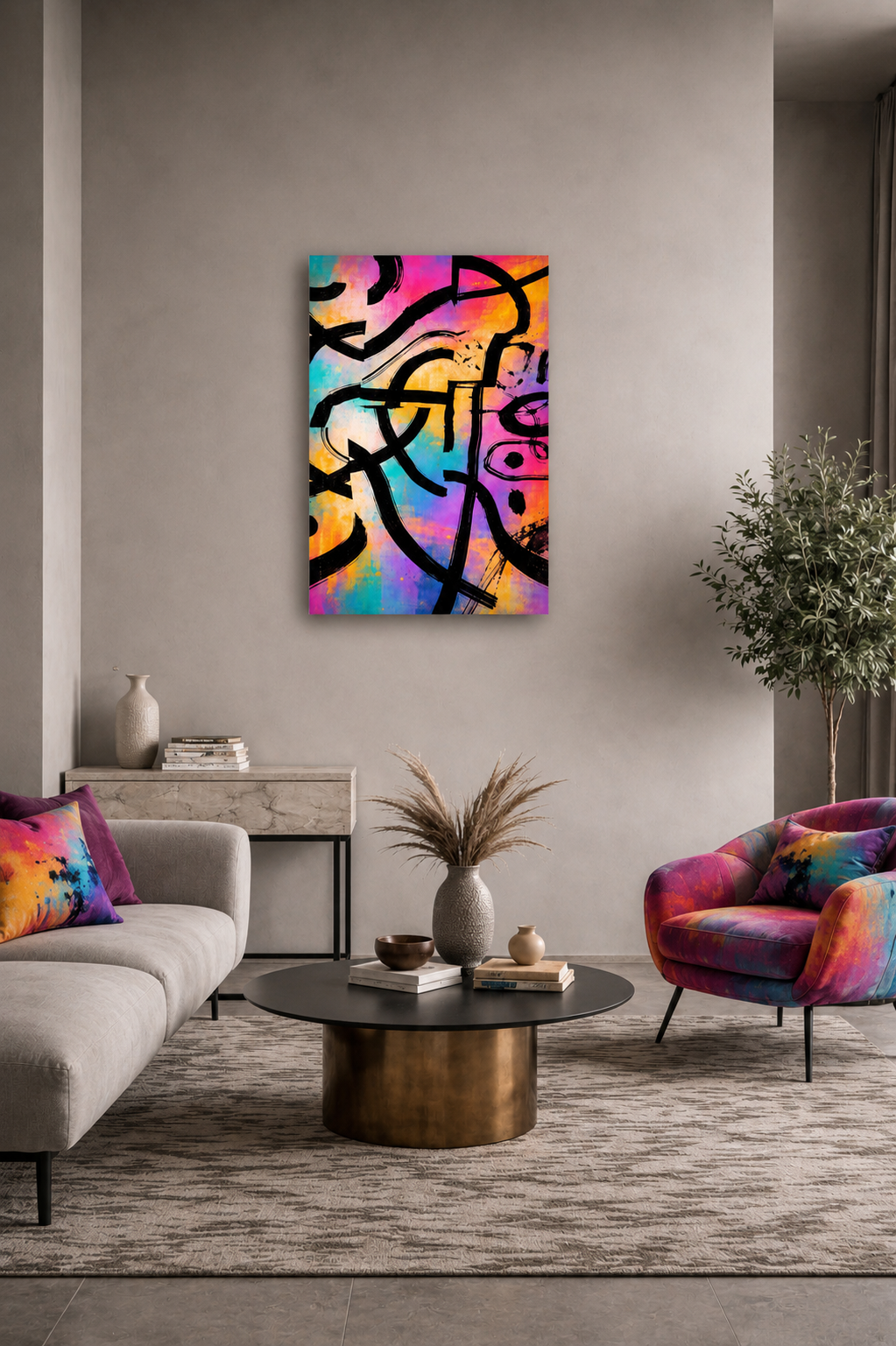 Bright abstract graffiti artwork hanging above a neutral sofa in a contemporary living room with colorful accent cushions and a vibrant armchair.