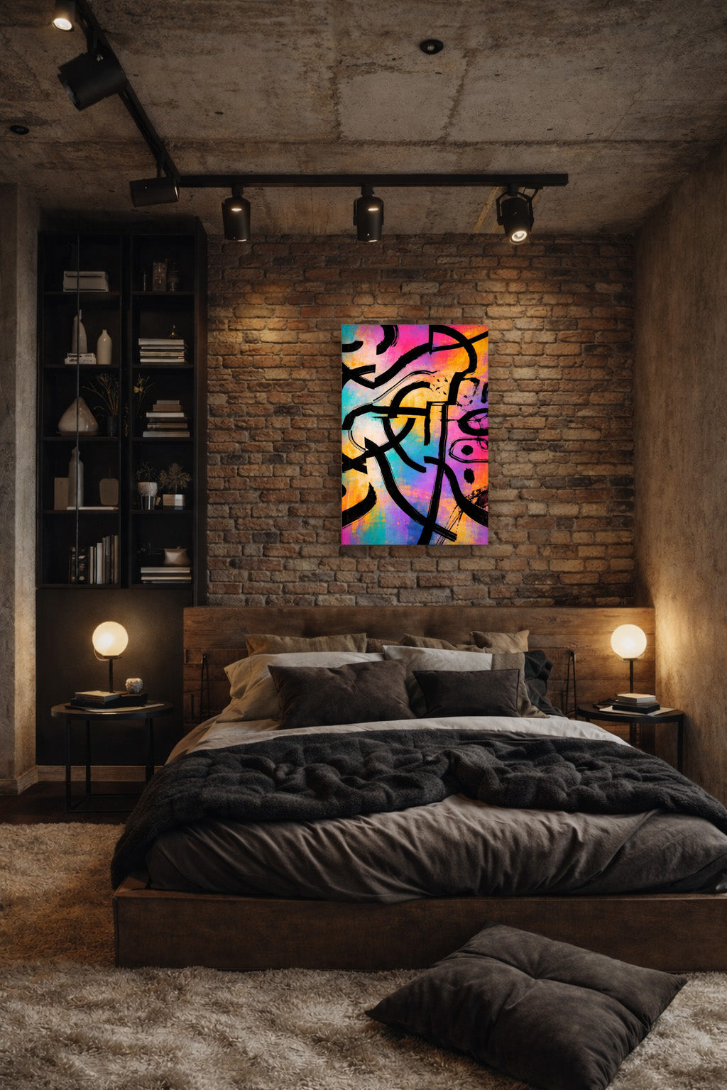 Bold abstract graffiti wall art displayed above a dark bed in an industrial-style bedroom with exposed brick walls and warm ambient lighting.