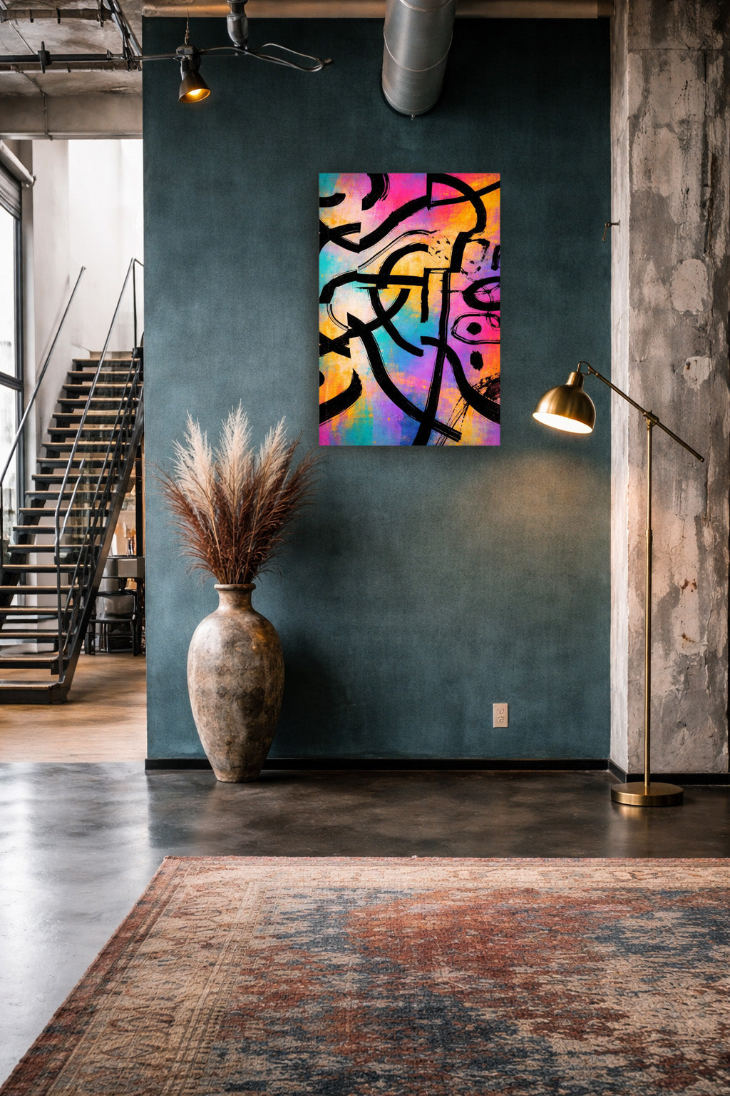 Vibrant abstract graffiti wall art displayed in a modern industrial loft entryway with concrete walls, warm lighting, and a vintage rug.