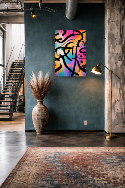 Vibrant abstract graffiti wall art displayed in a modern industrial loft entryway with concrete walls, warm lighting, and a vintage rug.