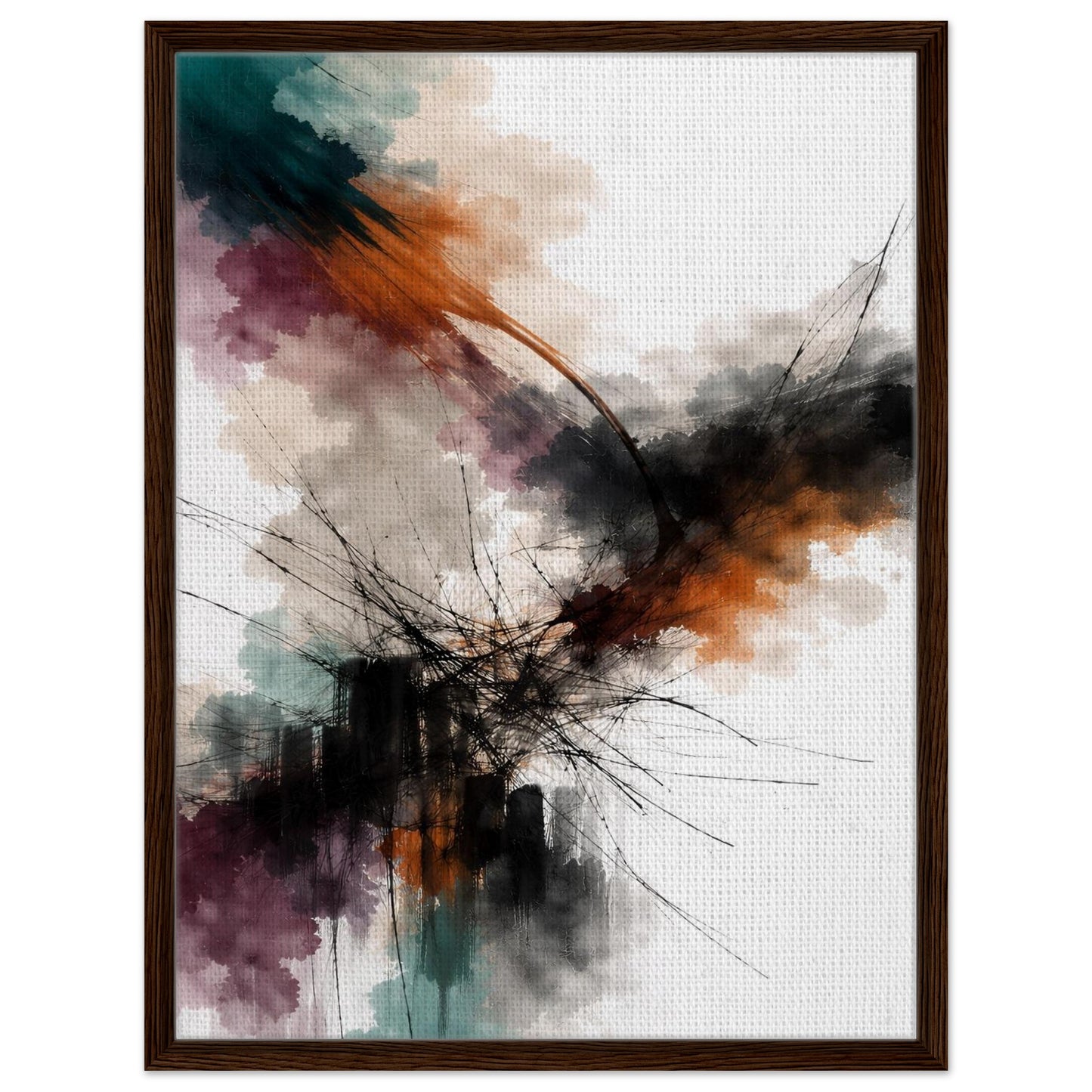 Colorful abstract canvas art in a dark wood floating frame