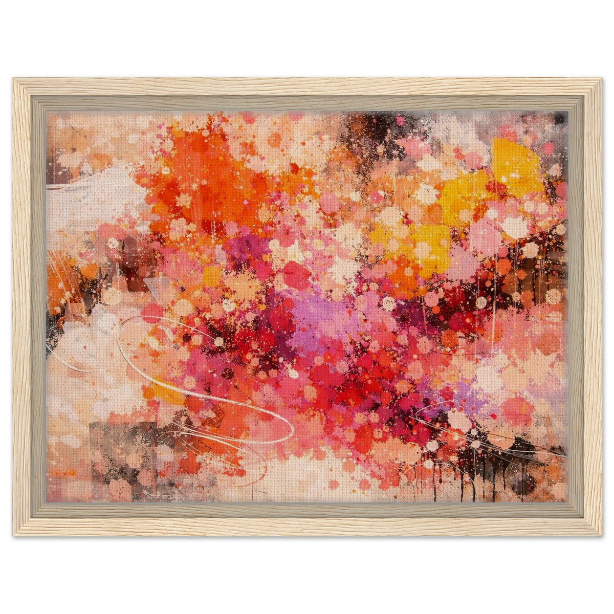 Colorful abstract framed canvas displayed above a bed in a modern bedroom