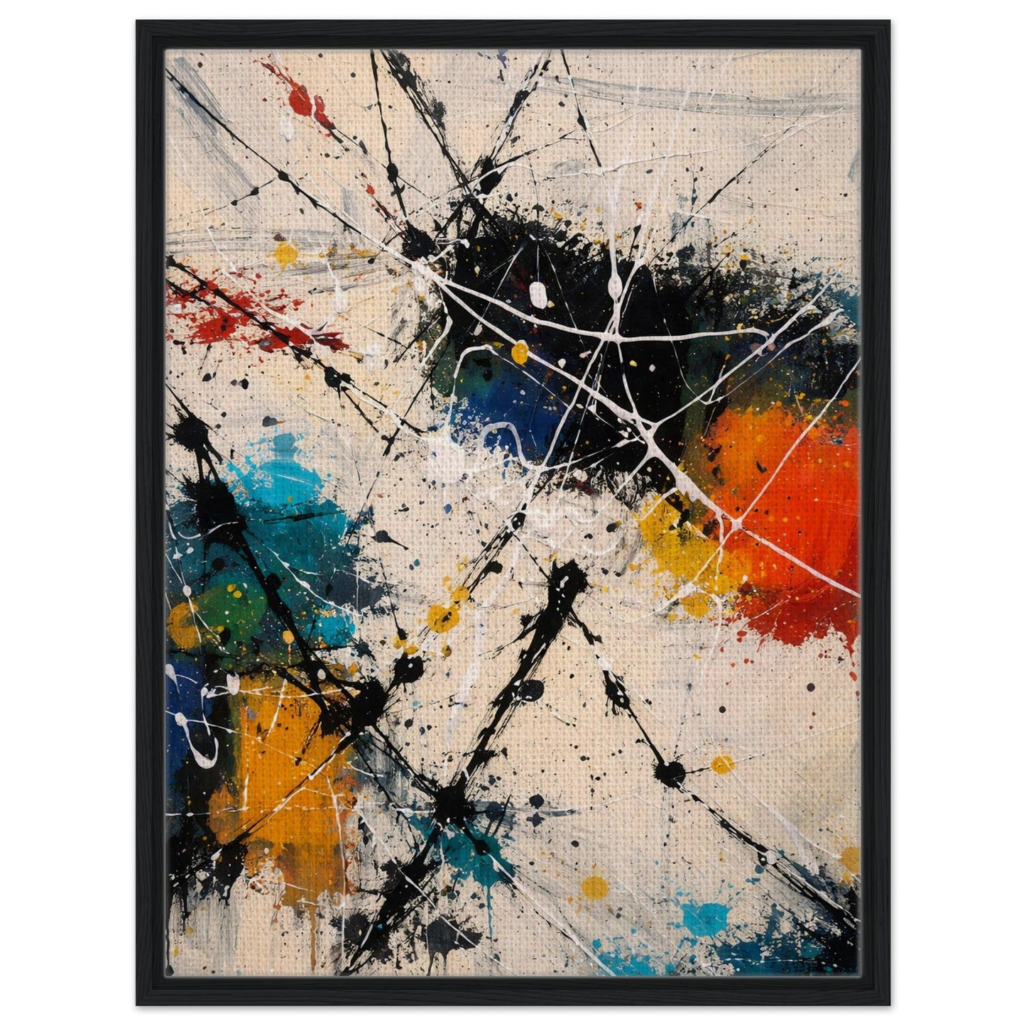 Colorful abstract canvas print in a slim black floating frame