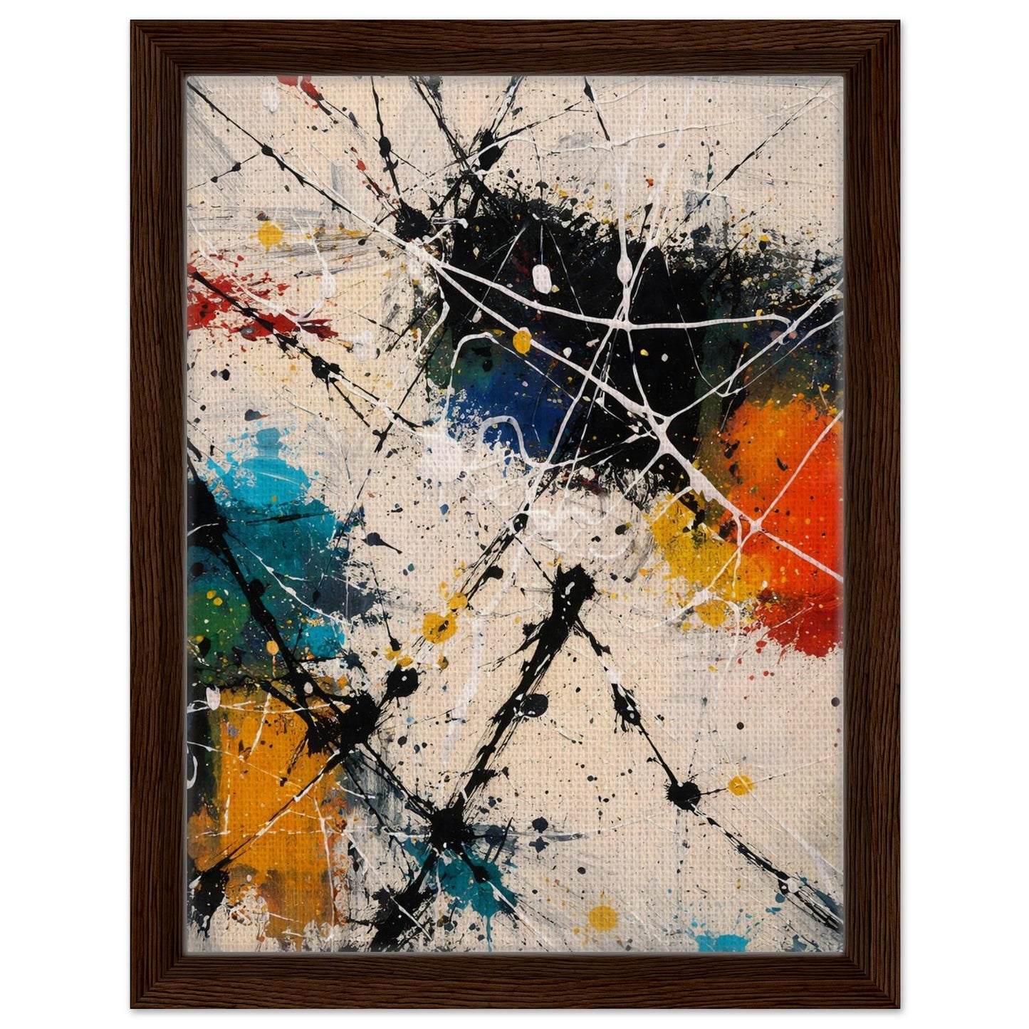 Colorful abstract canvas wall art with warm walnut floating frame