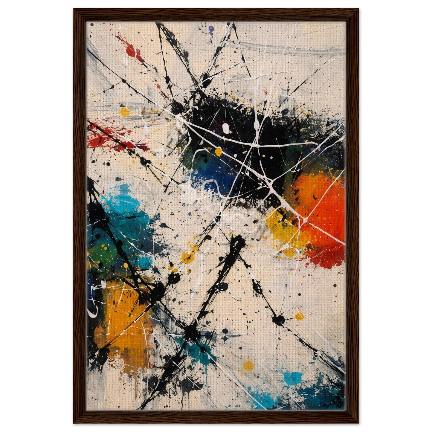 Modern colorful abstract canvas wall art with dark brown floating frame