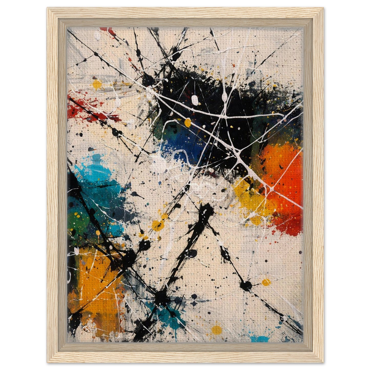 Modern abstract canvas print with light natural wood floating frame