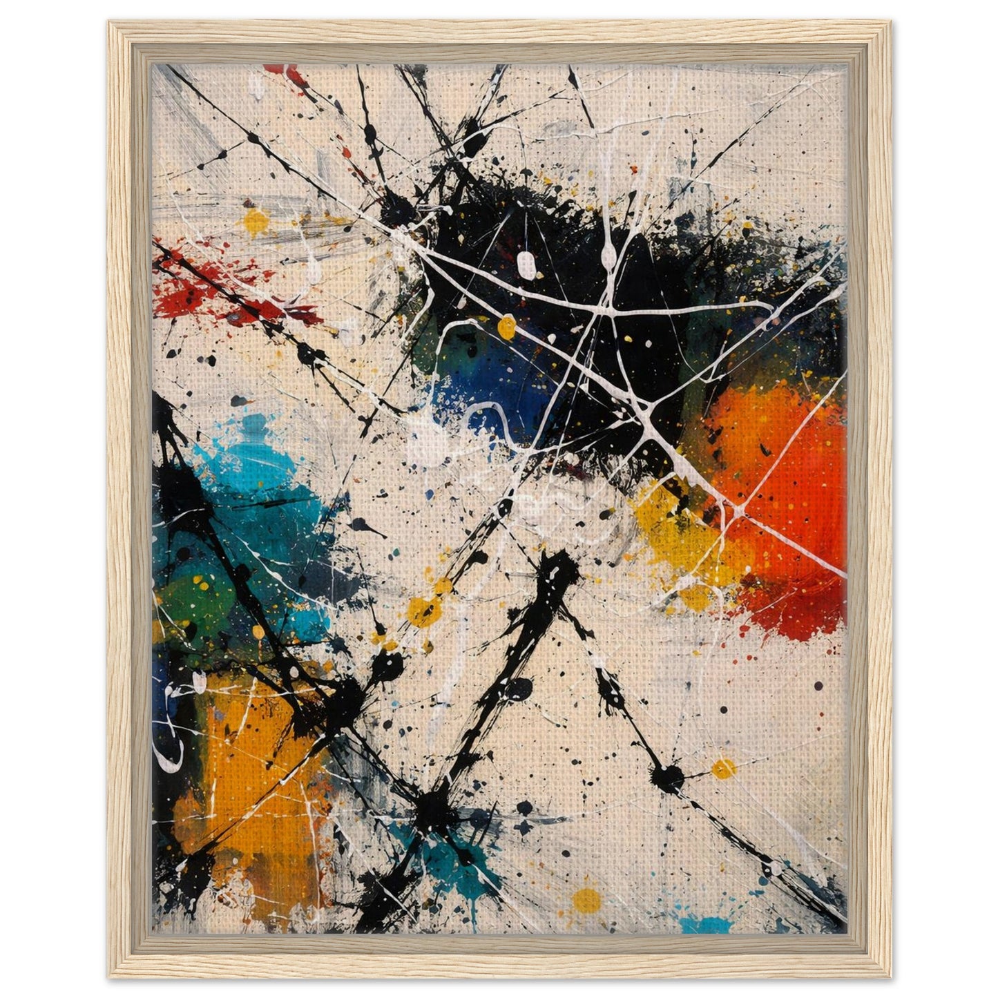 Colorful abstract canvas wall art in a natural wood floating frame