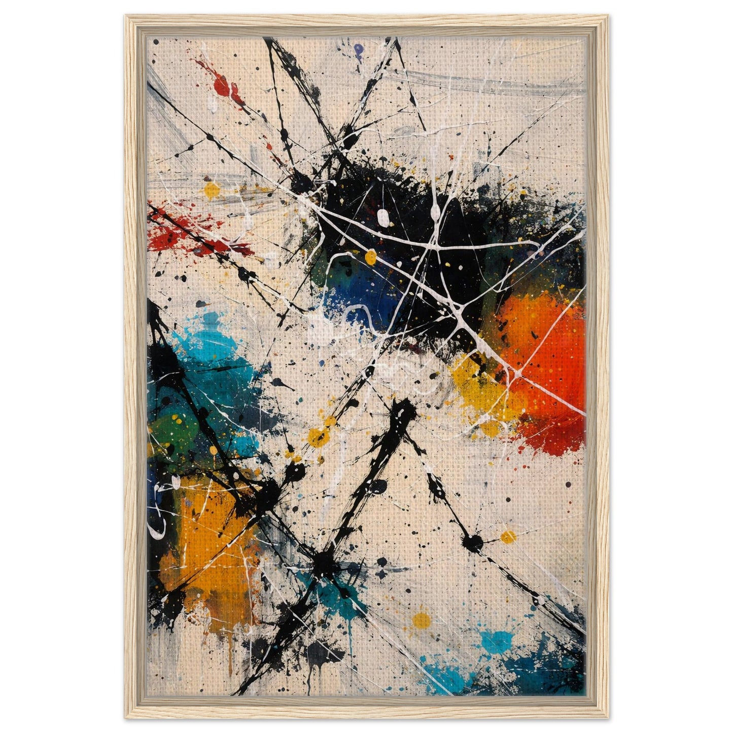 Colorful abstract canvas print with black, blue, orange and red details in natural wood frame