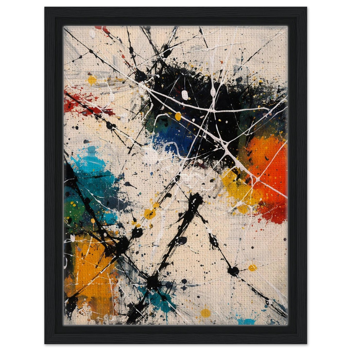 Colorful abstract floating canvas wall art with black frame