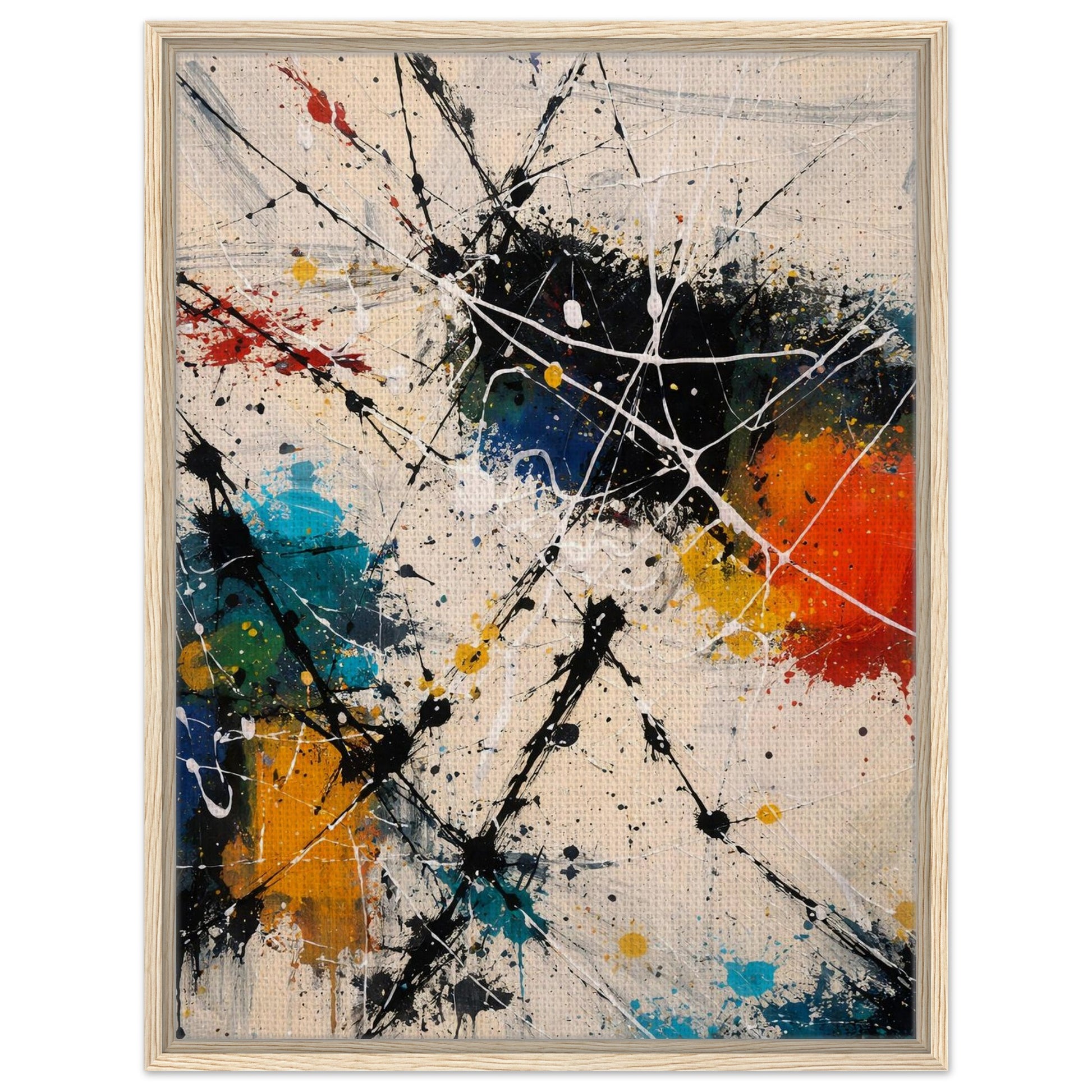 Colorful abstract floating canvas wall art with natural wood frame
