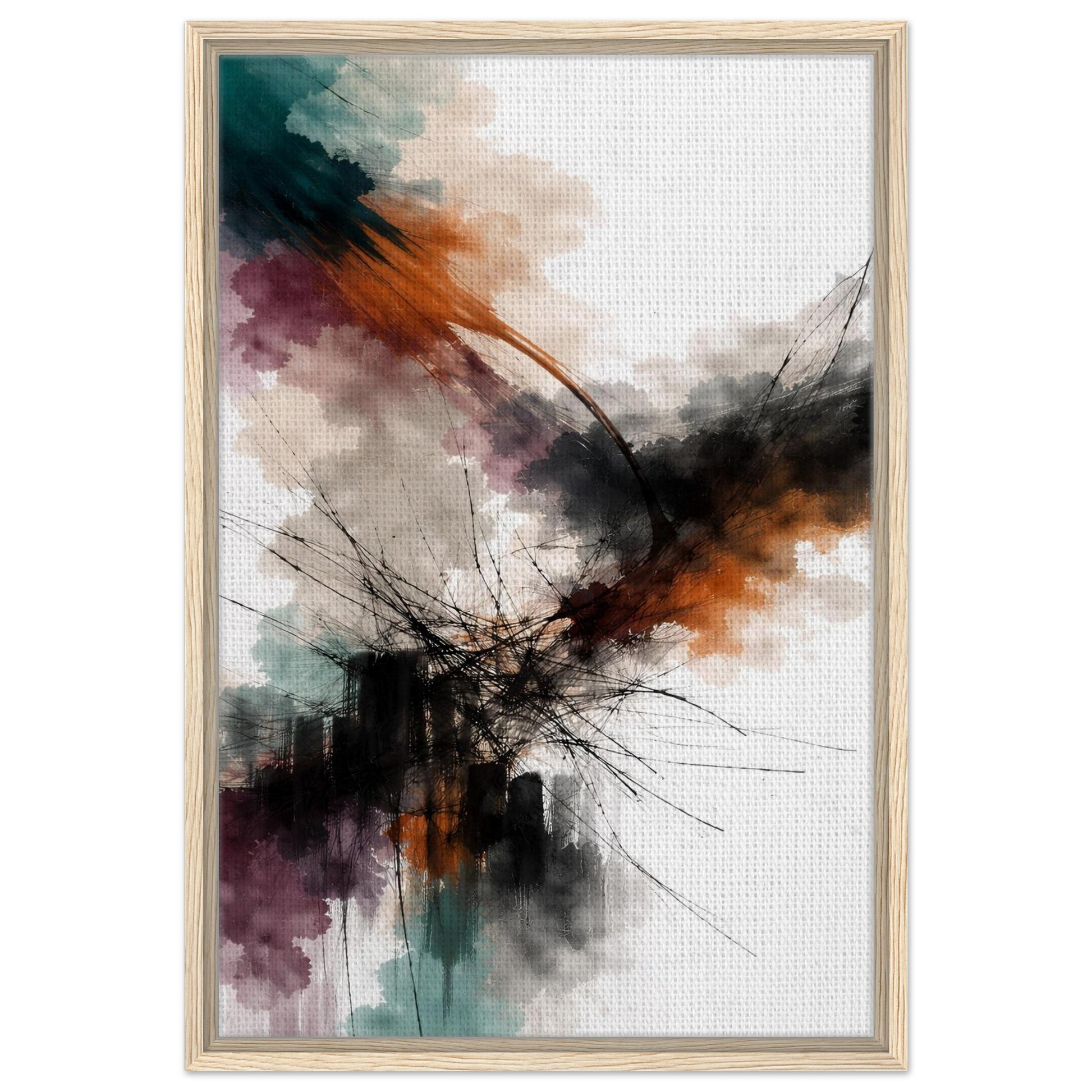 Colorful abstract floating canvas with teal, orange, burgundy and black details in a natural wood frame