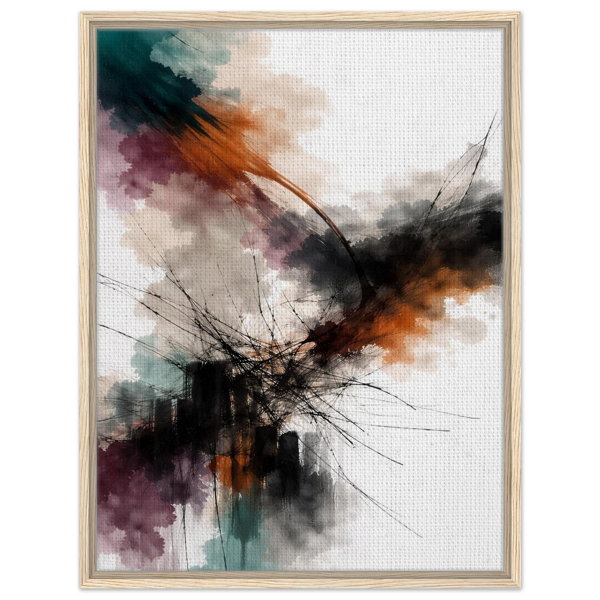 Colorful abstract floating canvas wall art in a natural wood frame
