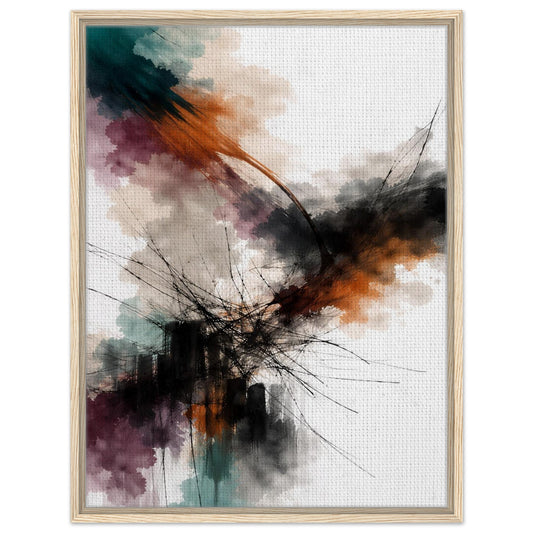 Colorful abstract floating canvas wall art in a natural wood frame