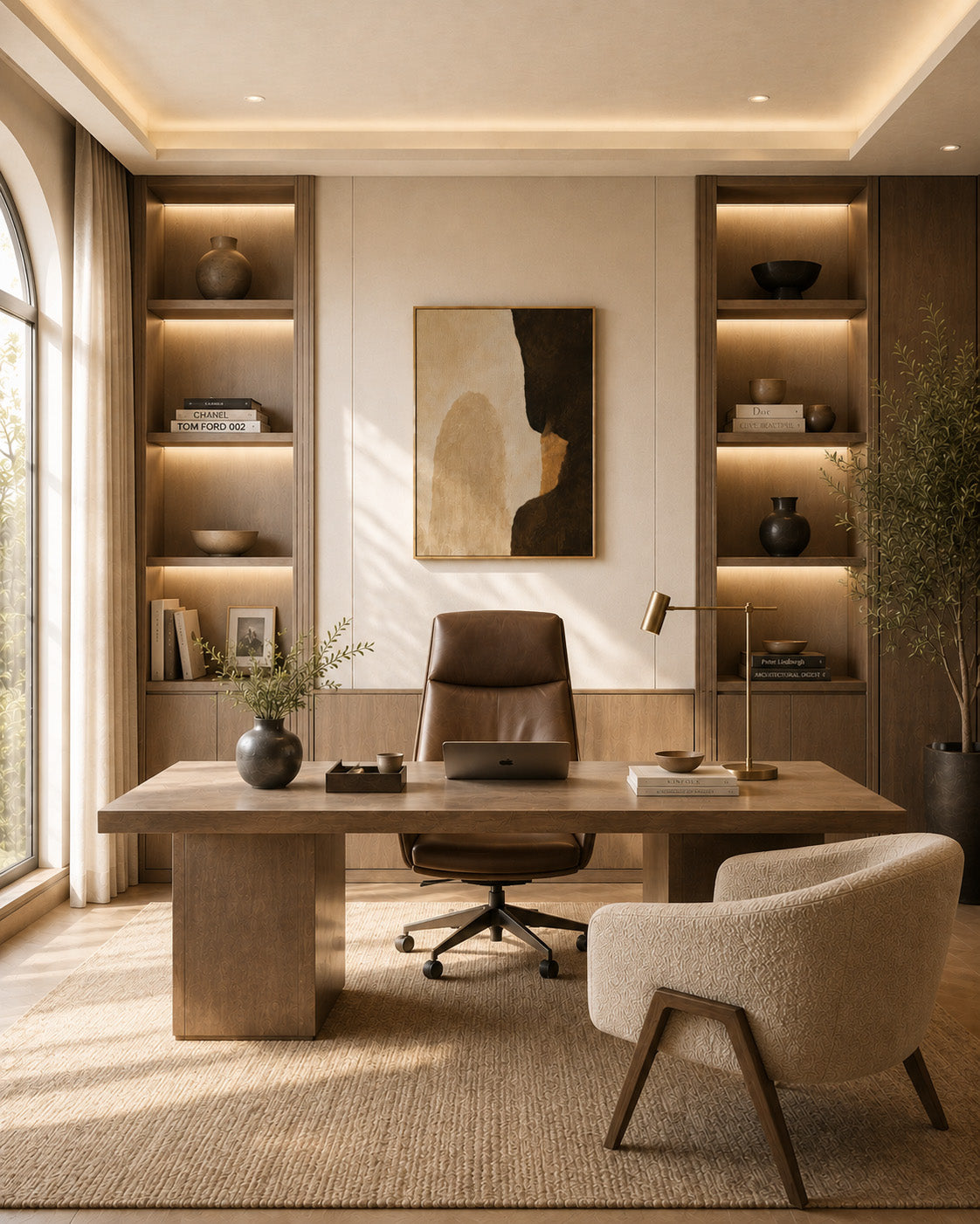Contemporary abstract artwork displayed in a warm modern home office
