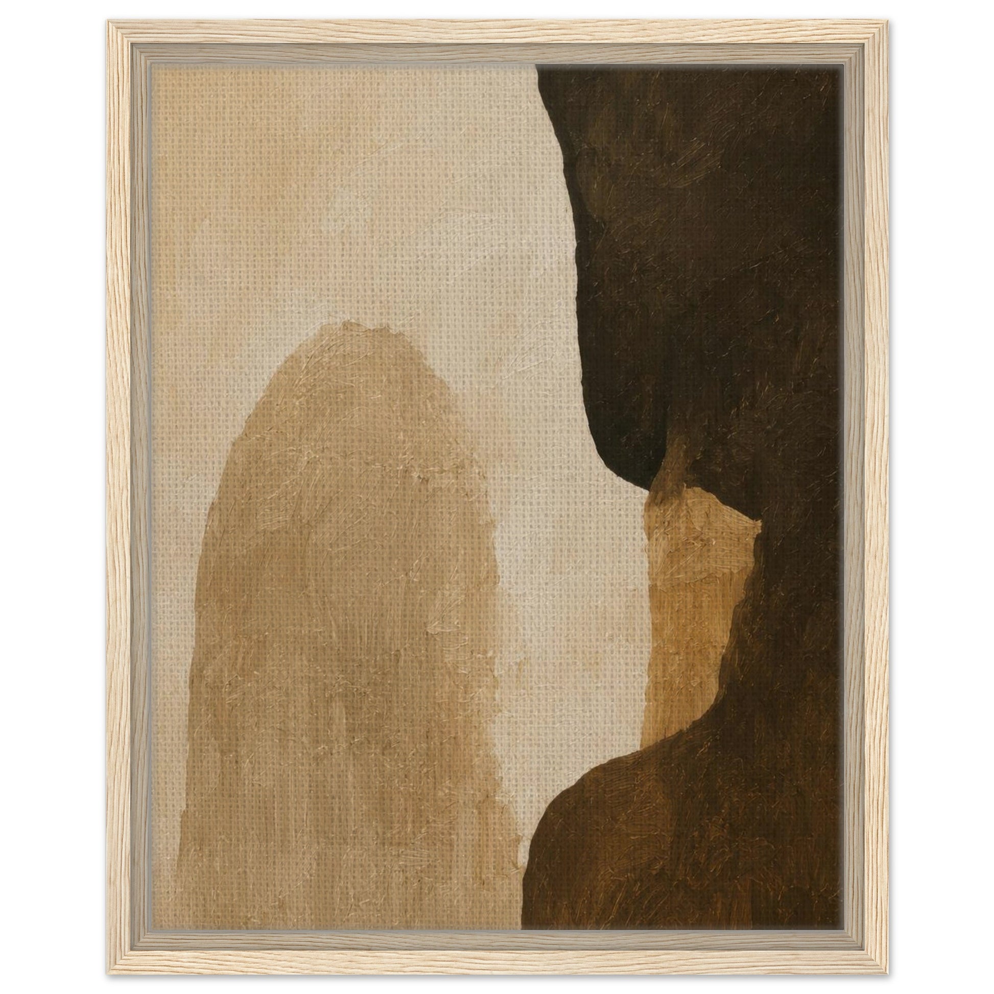 Contemporary beige and brown abstract artwork with natural wood frame
