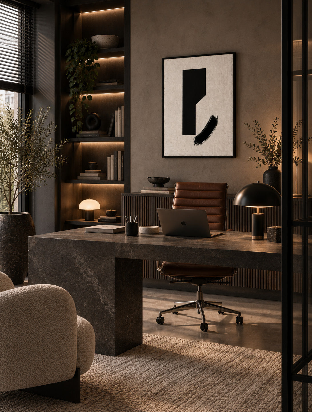 Contemporary black abstract artwork styled in a sophisticated home office