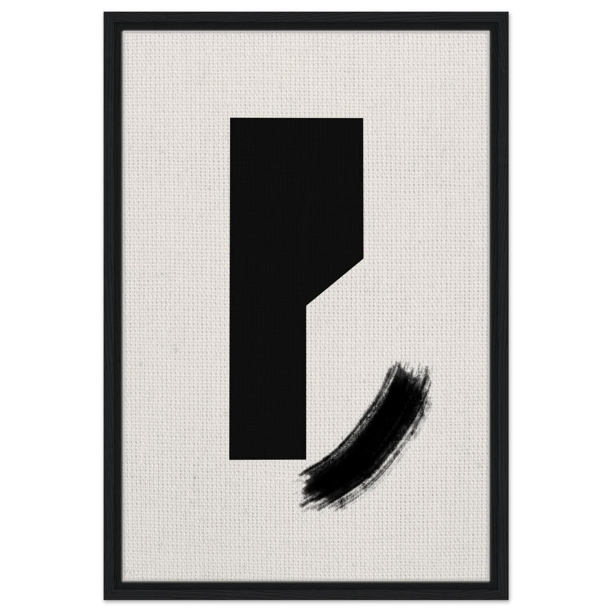 Contemporary black form artwork with expressive brushstroke in black frame