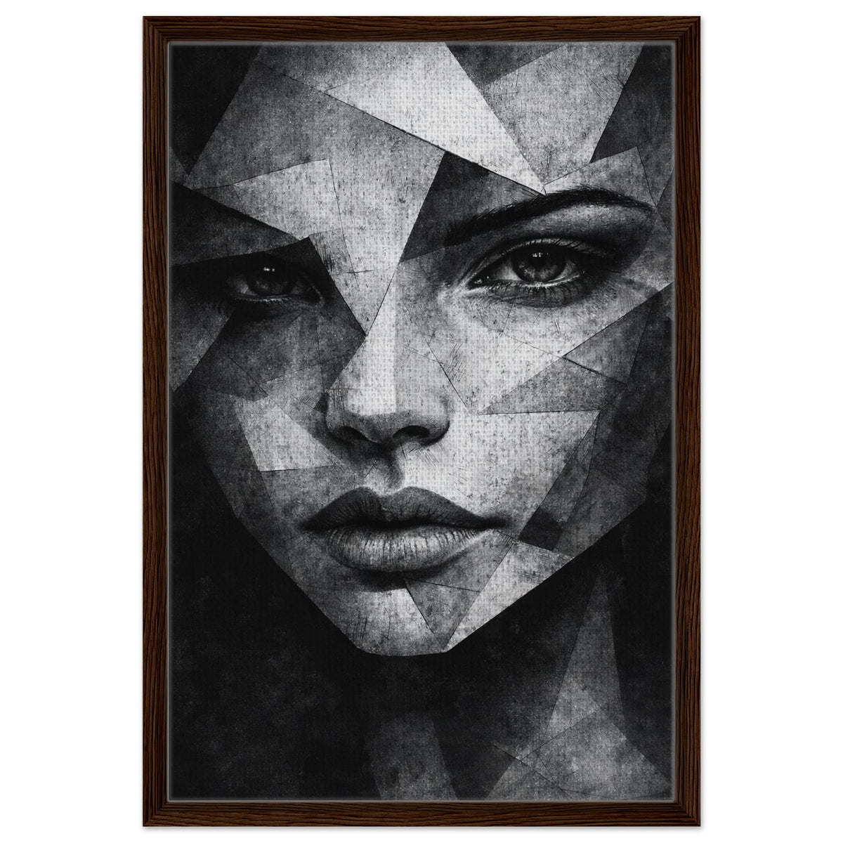 Contemporary female portrait with geometric facial details in dark wood frame