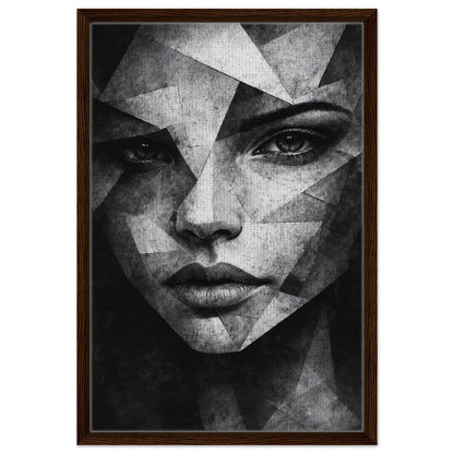 Contemporary female portrait with geometric facial details in dark wood frame