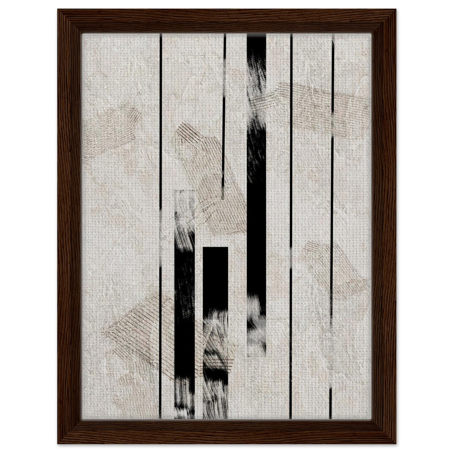 Contemporary geometric artwork with bold black lines and subtle neutral textures
