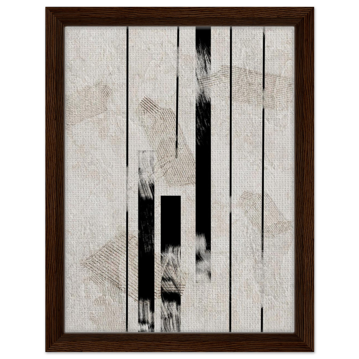 Contemporary geometric artwork with bold black lines and subtle neutral textures