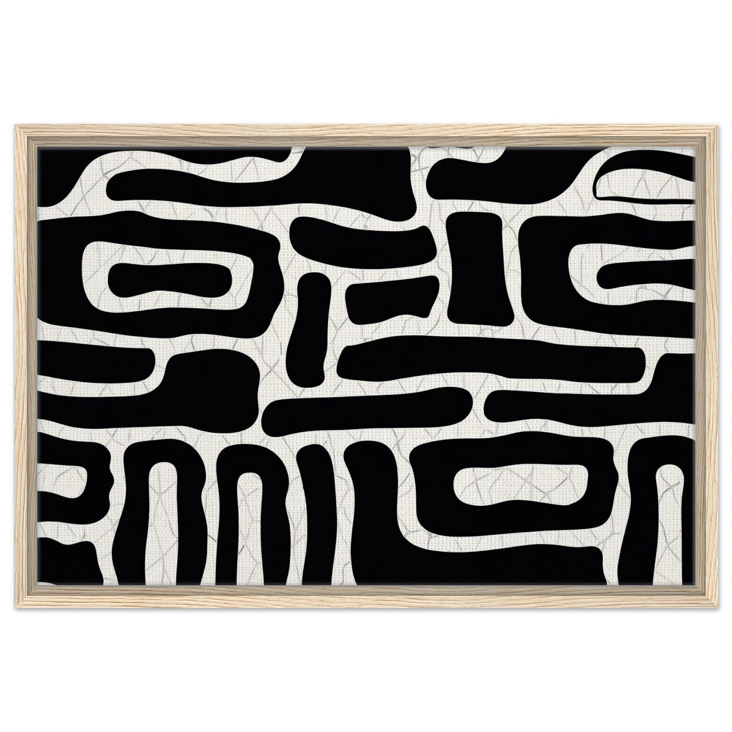 Contemporary graphic artwork with bold monochrome shapes in black frame