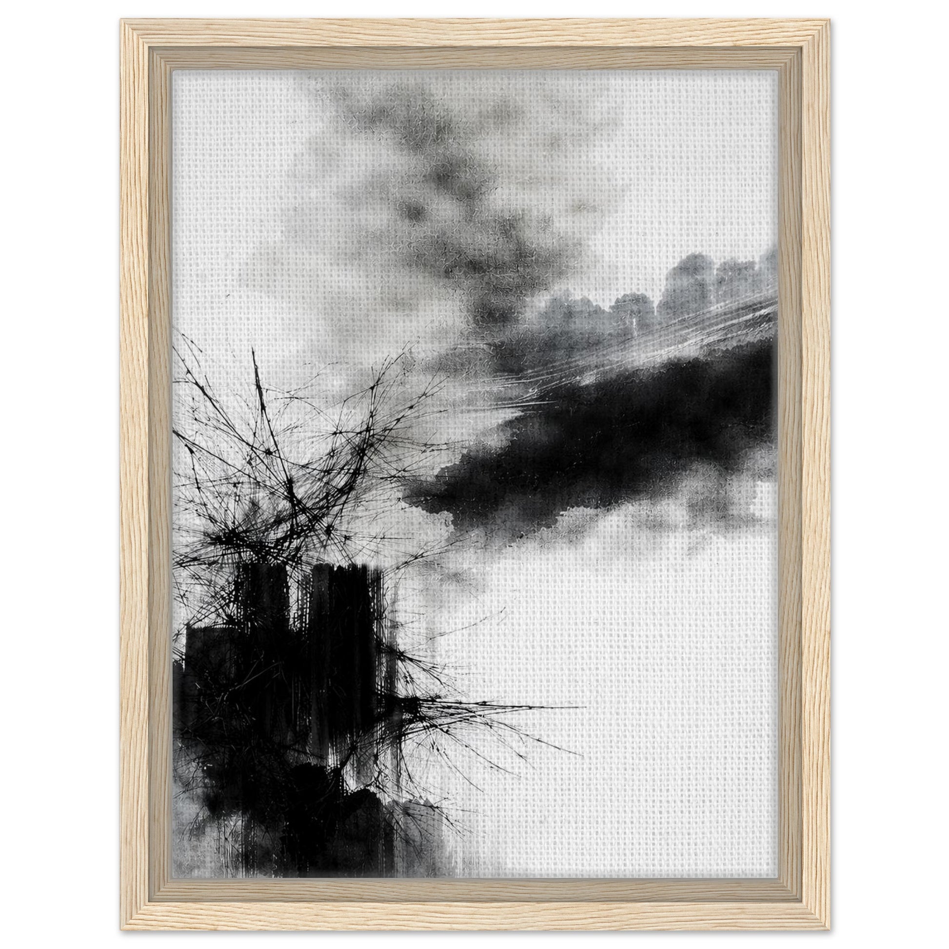 Contemporary ink abstract art with dramatic black strokes in a black frame