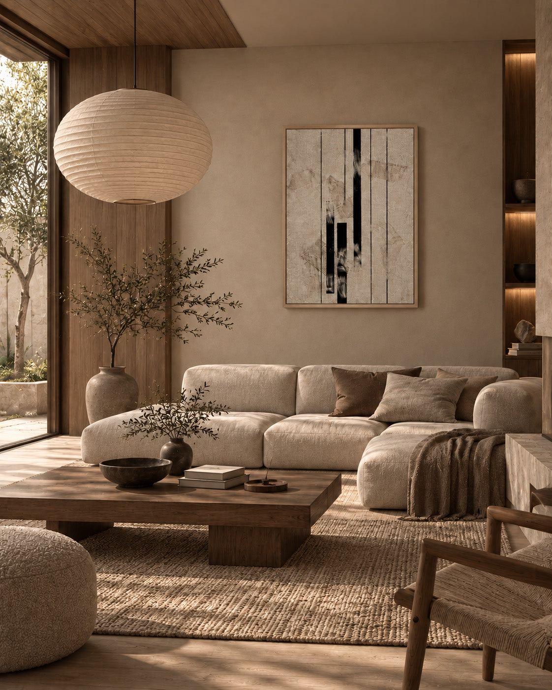 Contemporary linear abstract art displayed in a warm minimalist living room