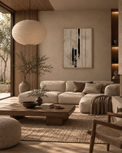 Contemporary linear abstract art displayed in a warm minimalist living room