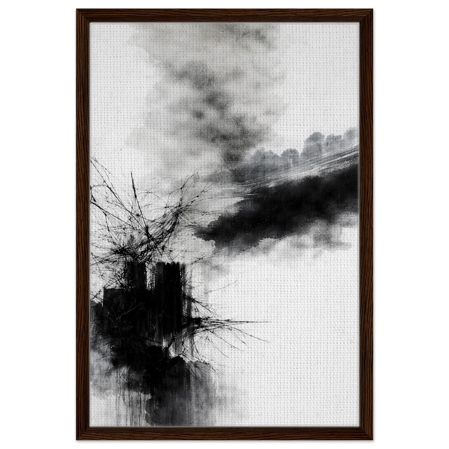 Contemporary monochrome canvas art with expressive black forms in a dark wood frame