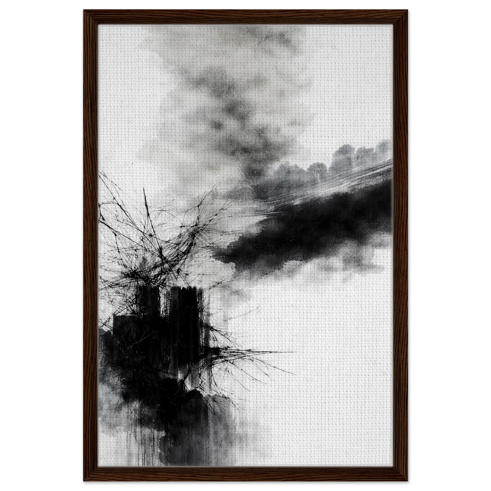 Contemporary monochrome canvas art with expressive black forms in a dark wood frame