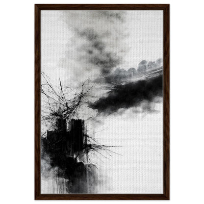 Contemporary monochrome canvas art with expressive black forms in a dark wood frame