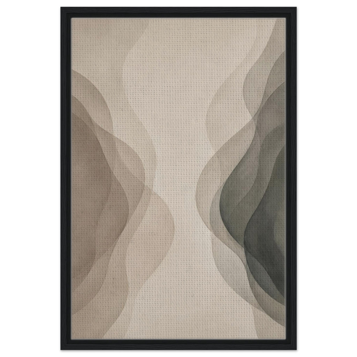 Contemporary organic abstract print in muted natural tones with black frame