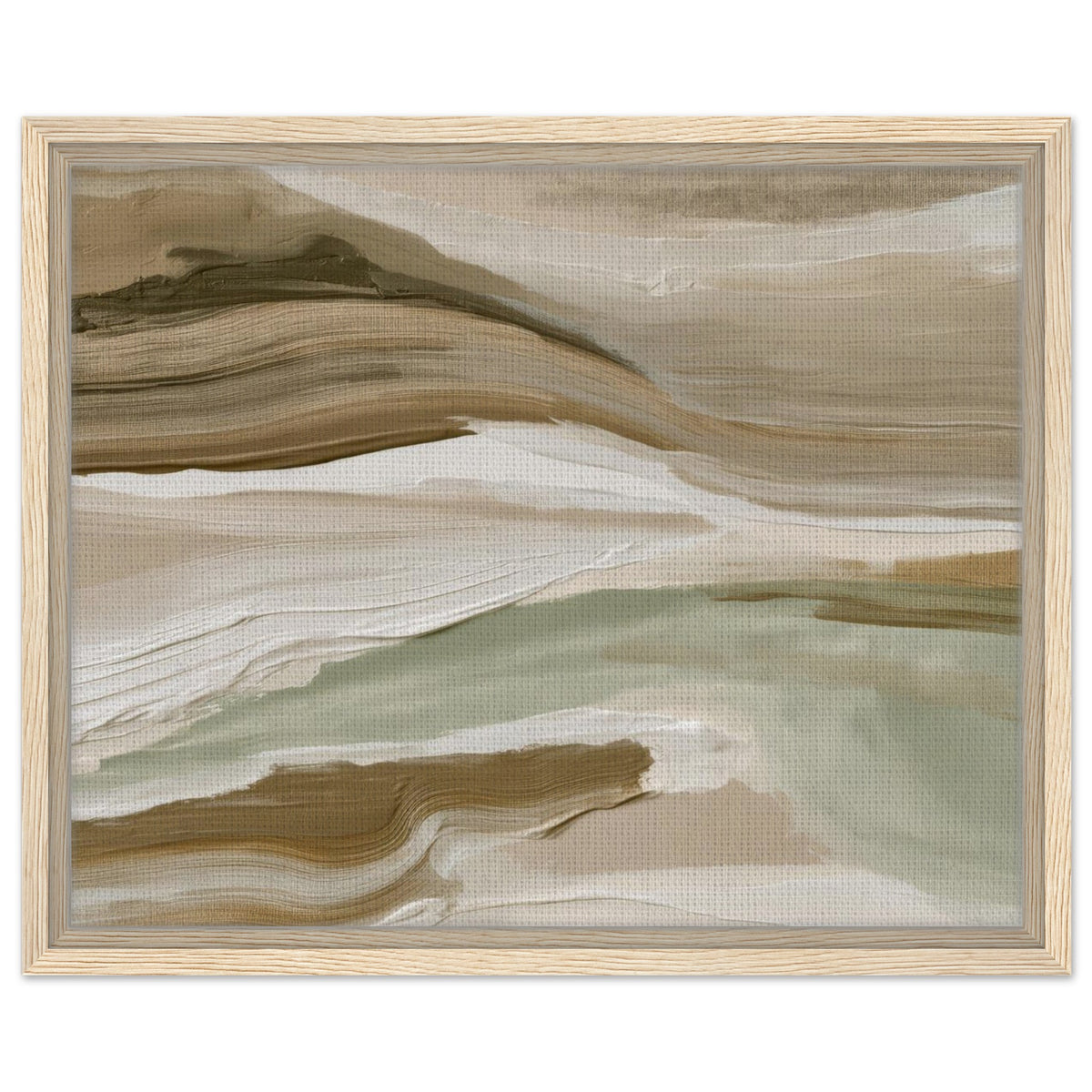 Contemporary sage green landscape art with organic neutral layers in dark wood frame