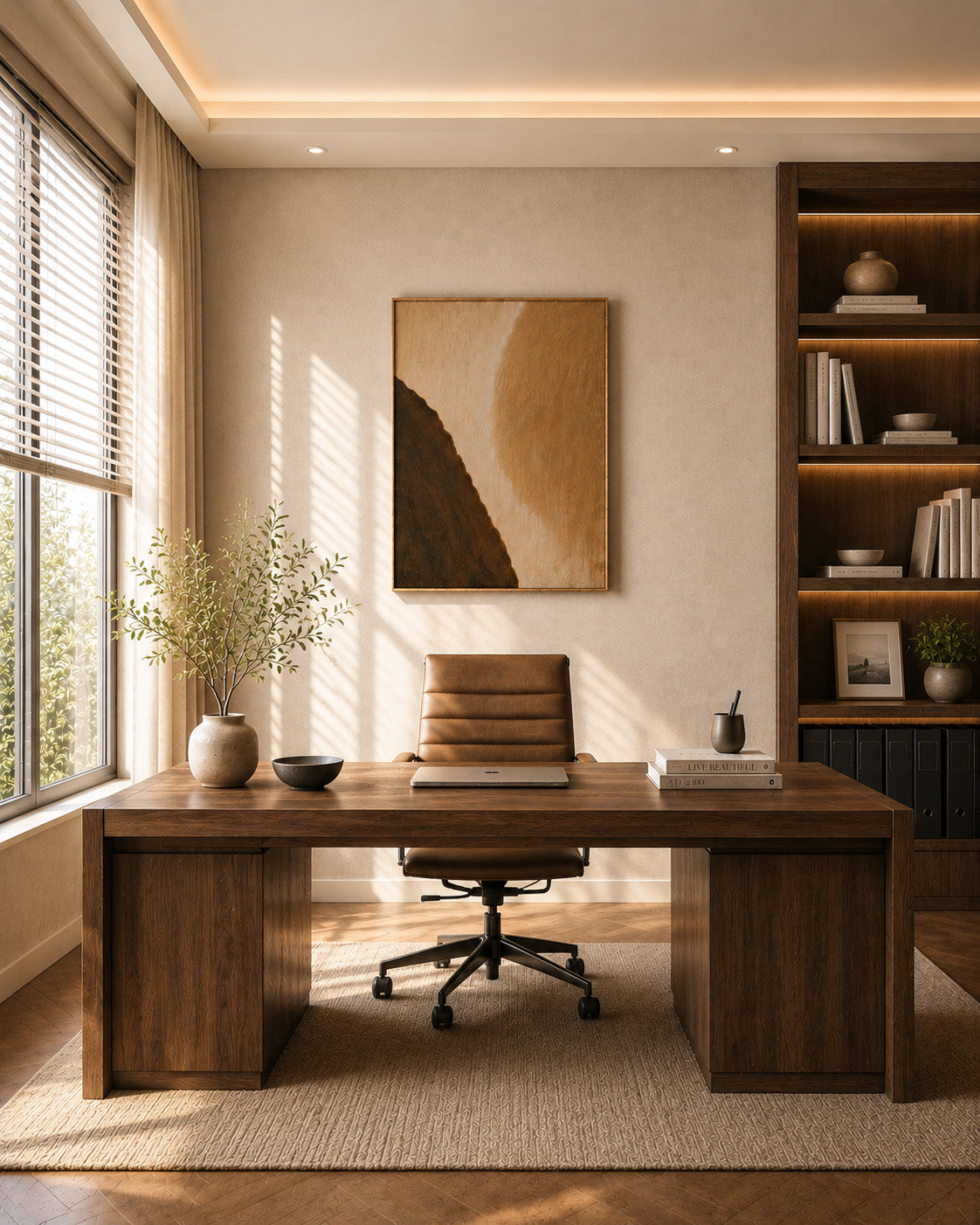 Contemporary neutral wall art styled in an elegant minimalist home office