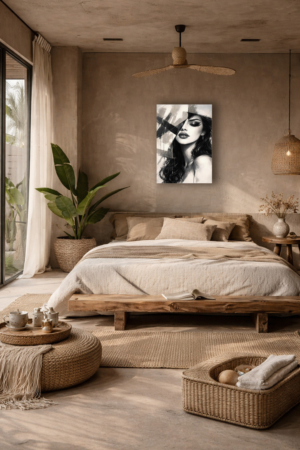 Warm contemporary bedroom with wooden accents and a black and white woman portrait poster displayed above the bed in soft natural light.