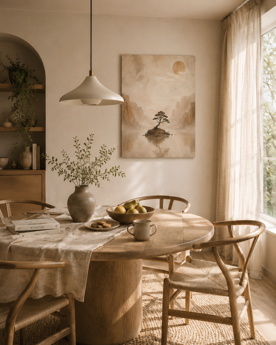 Japanese-inspired landscape canvas displayed in a warm dining room with natural wood furniture and soft curtains