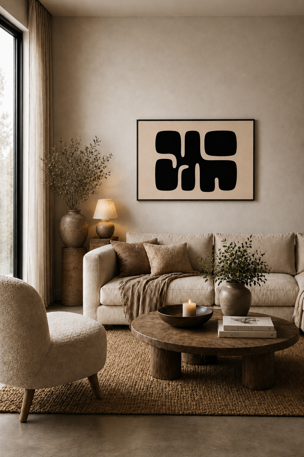 Black abstract wall art poster with dark wood frame displayed in a cozy neutral living room with textured furniture and wooden coffee table.