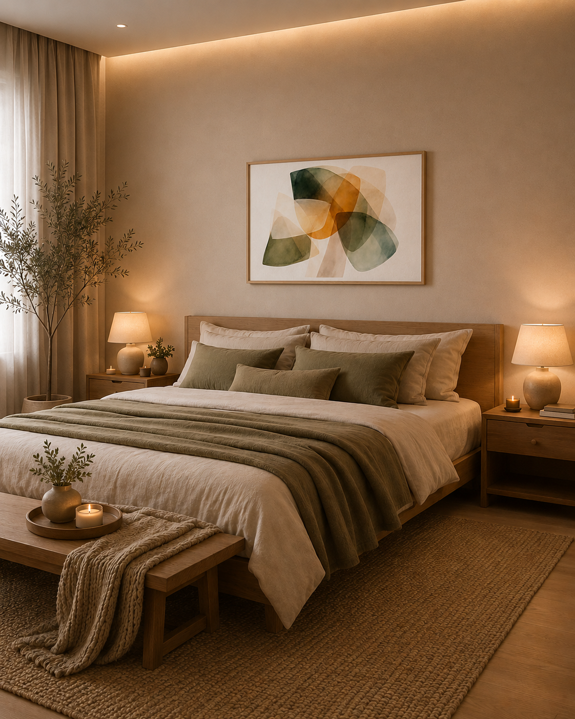 Cozy minimalist bedroom with abstract wall art in wood frame, warm lighting and neutral decor