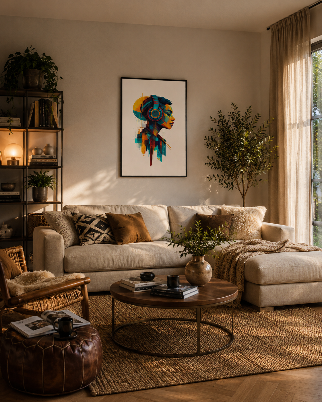 Cozy neutral living room with sectional sofa, warm lighting and colorful headphones artwork displayed in a black frame.