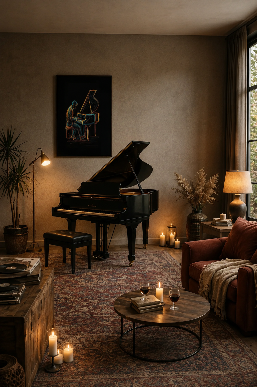 Cozy living room with a black grand piano, candle decor, and framed pianist wall art above the instrument.