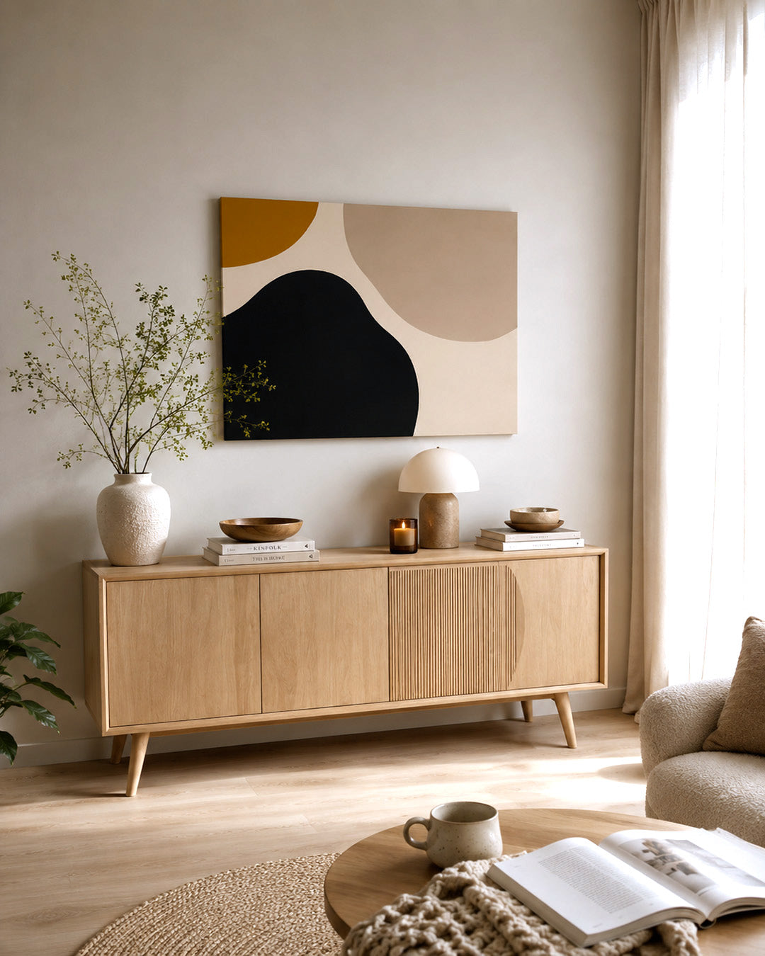 Minimalist neutral wall art print with modern abstract shapes in warm beige interior