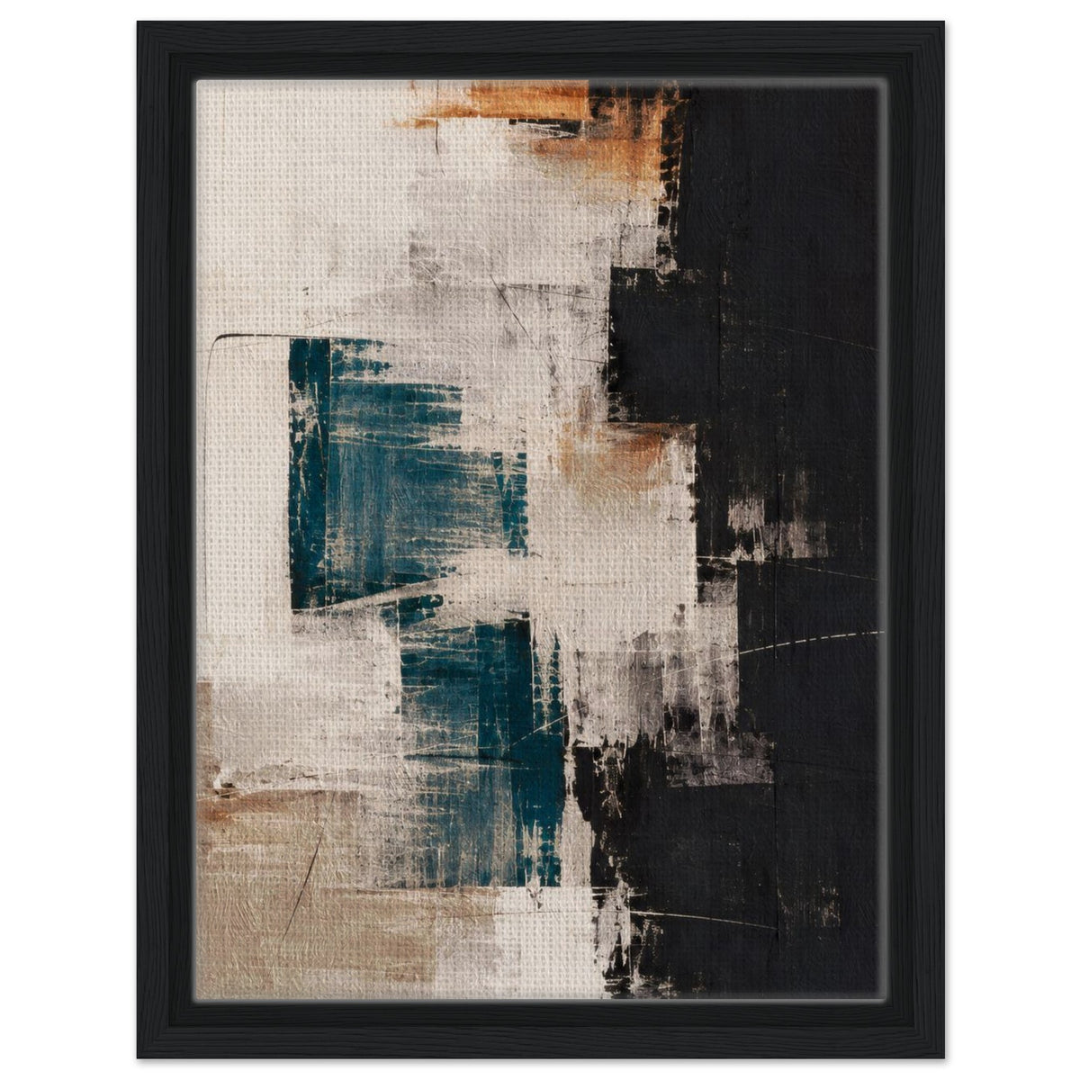 Cream, black and teal abstract canvas with warm brown accents, displayed in a black frame against a white background.