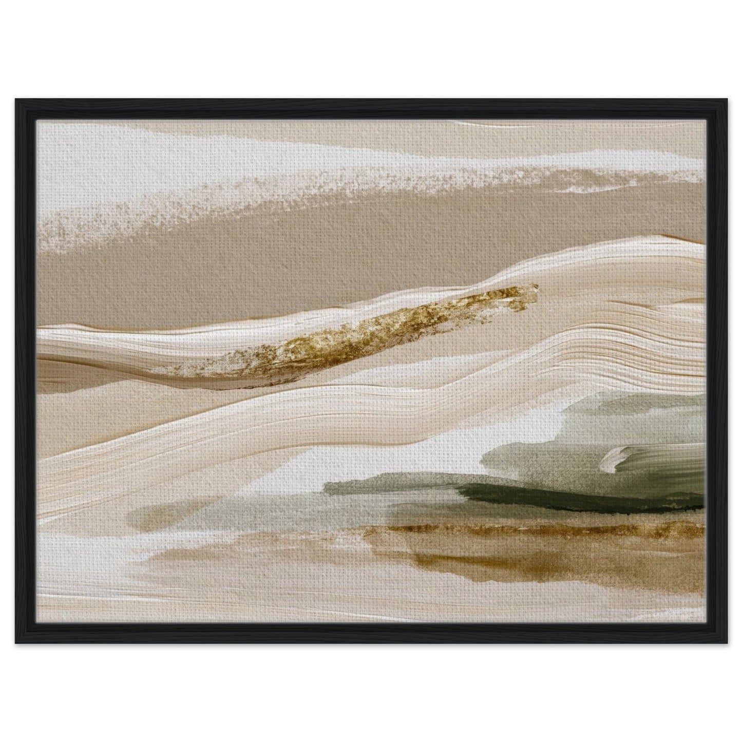 Cream and sage abstract art with sweeping layered forms in black frame