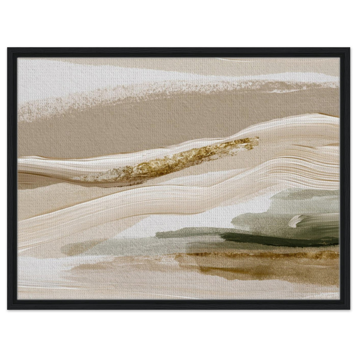 Cream and sage abstract art with sweeping layered forms in black frame
