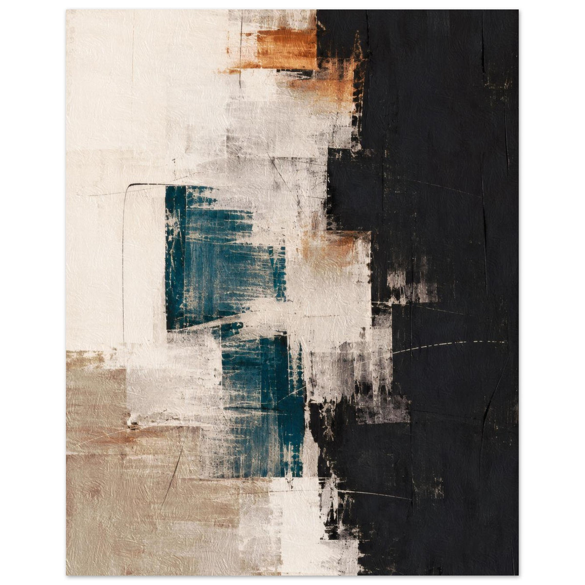 Cream, teal and black abstract poster with layered brush textures, beige areas and warm brown accents.