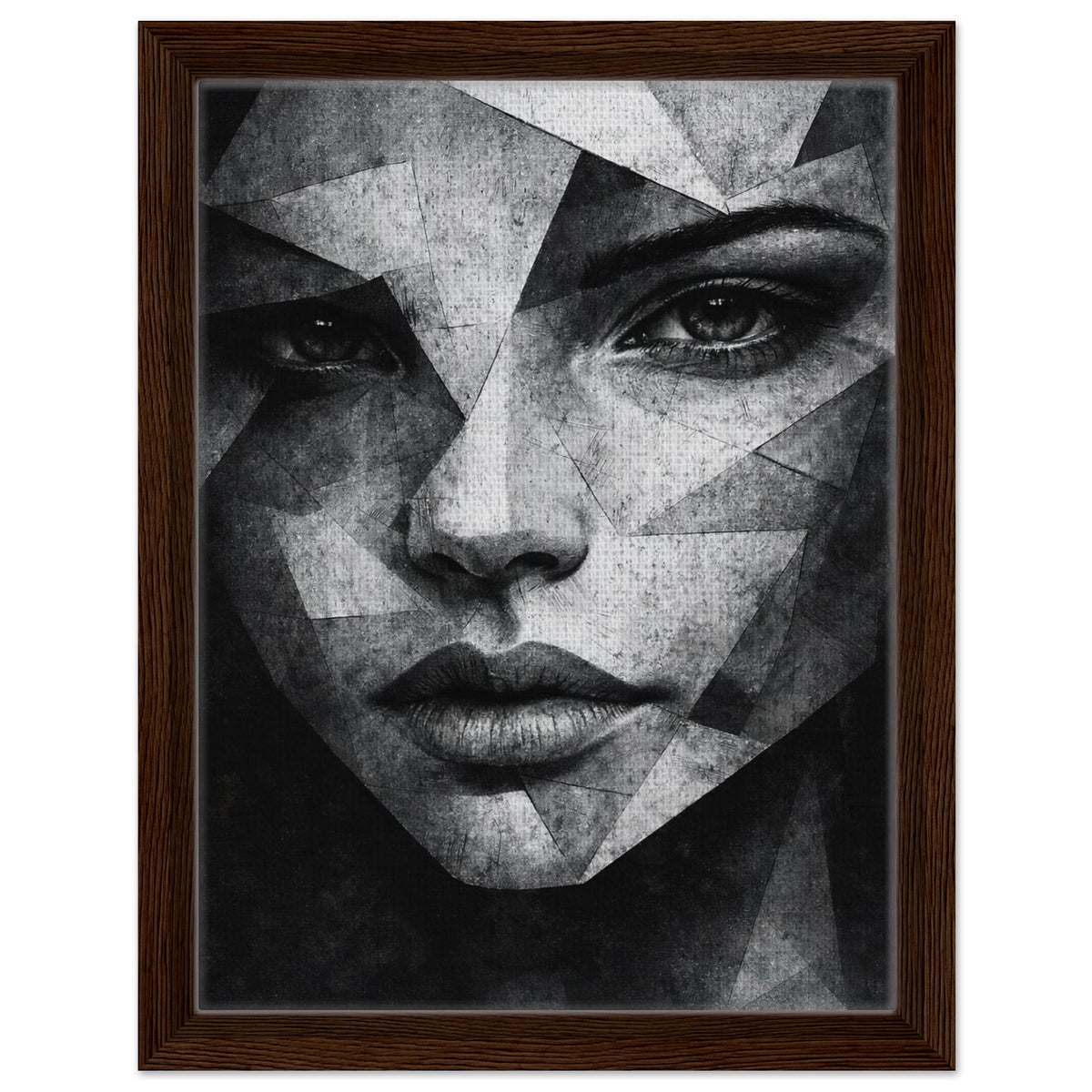 Cubist inspired woman portrait in monochrome tones with natural wood frame